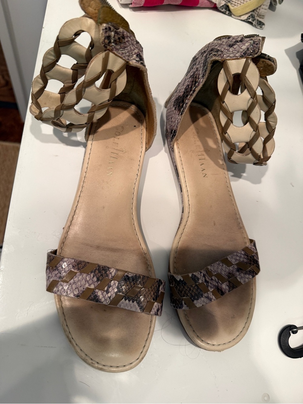 Cole Haan Taupe Snake-Print Braided Ankle Strap Sandals